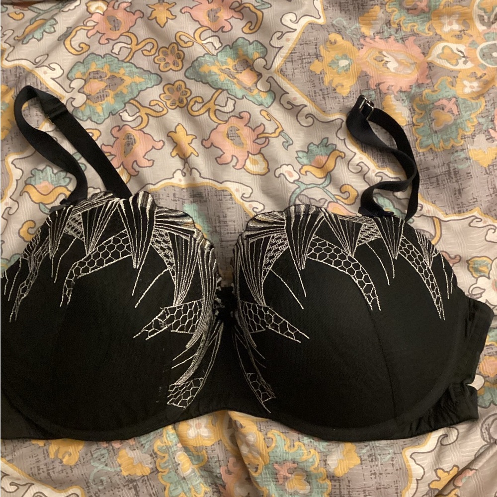Cacique Black Bra with White Embroidered Detail